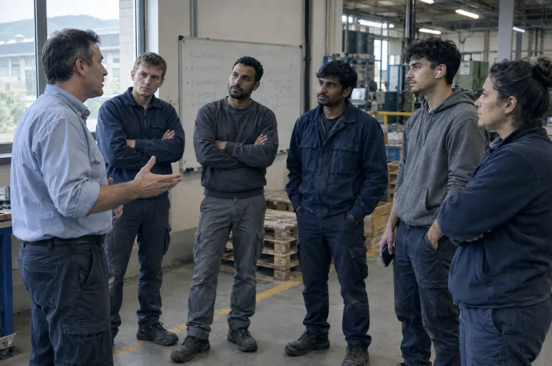 Un formatore parla a un gruppo di lavoratori di diverse provenienze