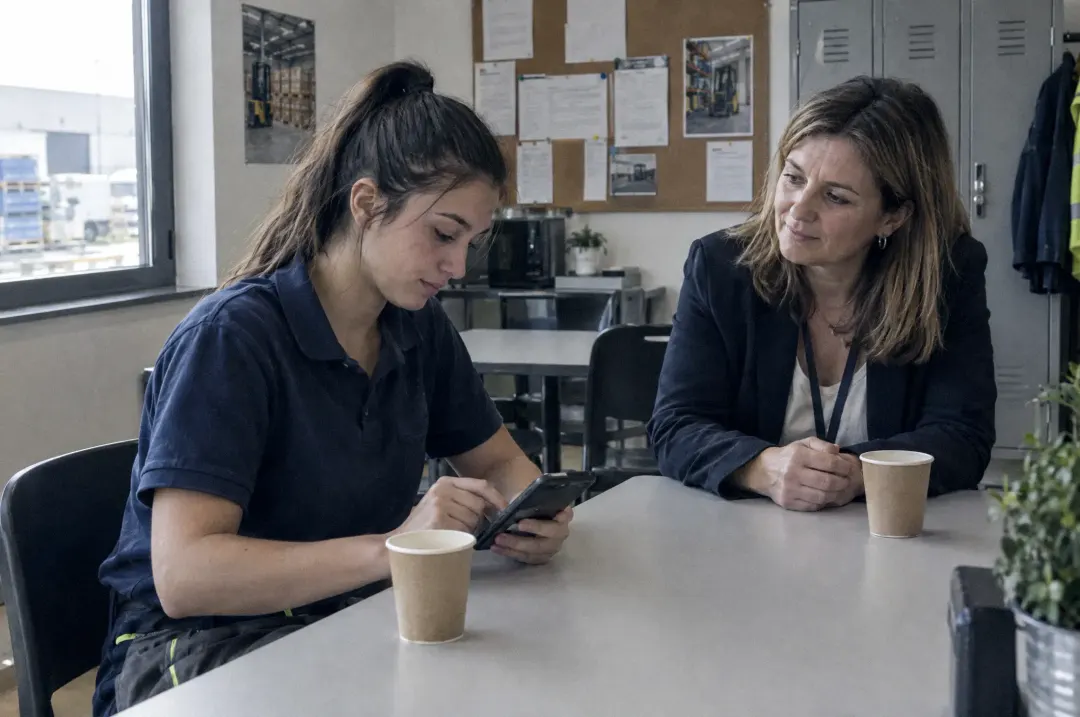 Due persone a colloquio a un tavolo, una con il telefono in mano
